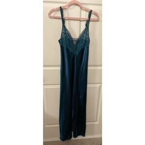 Vintage Victoria’s Secret Gold Label Satin Lace Teal Slip Side Slit Gown, M